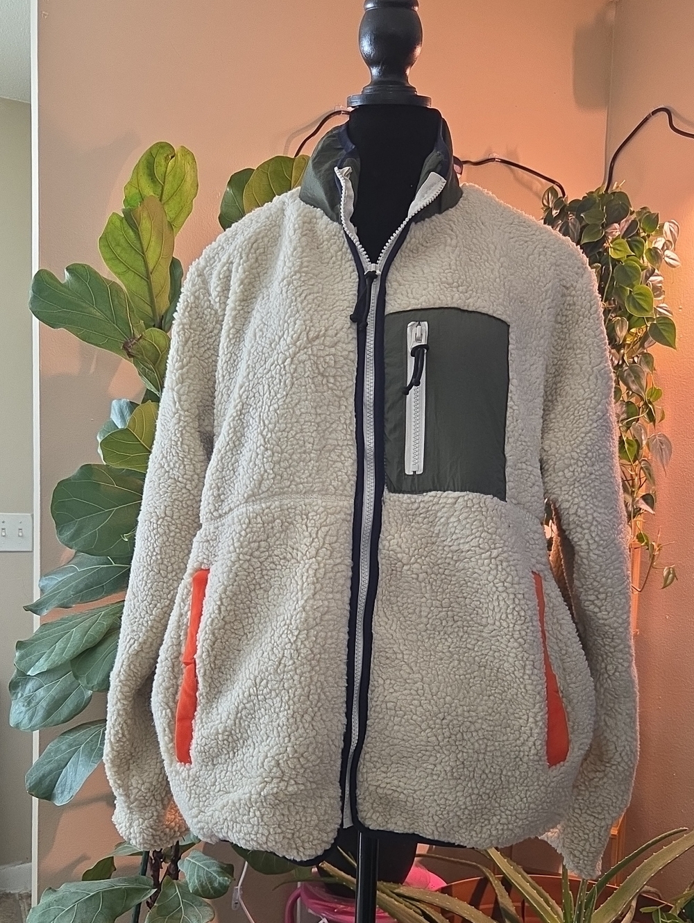 MadHero Sherpa Fleece Jacket Cream Olive Orange